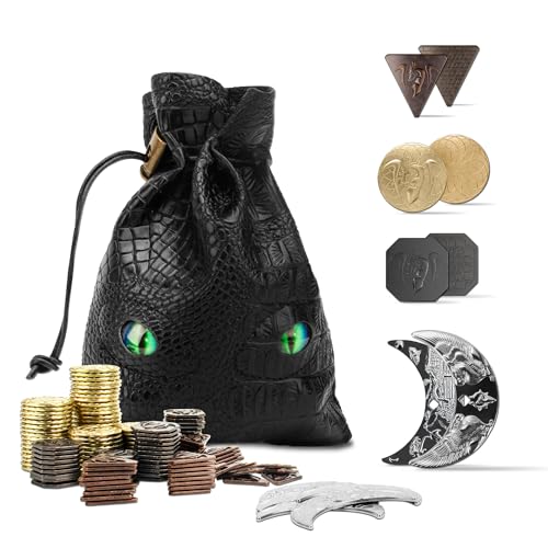 Byhoo 145PCS Metall DND Münzen & Ledertasche, Enthält 60 Goldmünzen, 40 Silbermünzen, 40 Kupfermünzen und 5 Platinmünzen, Token mit Glow in The Night Eyes Tasche für RPG Tablelap Games