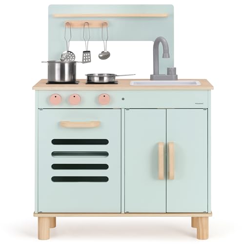 Pillowhale Kinderküche Holz für Kleinkinder, Montessori Spielküche Kinder mit Zubehör, Rollenspiel Spielzeugküche aus Holz,Kids Play Kitchen, Geschenk für Mädchen Jungen ab 3 (Grüner)
