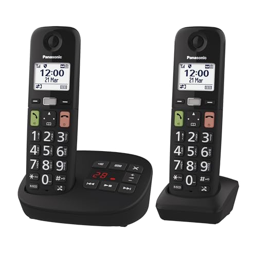 Panasonic KX-TGU132EXB digitales schnurloses Telefon mit Anrufbeantworter, Basisstation & 2 Mobilteile, LCD-Display, große Tasten, Favoriten-Taste, hörgerätekompatibel, Schwarz