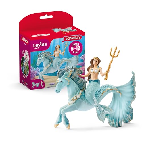 SCHLEICH BAYALA | Meerjungfrau Eyela auf Unterwasserpferd 70594 | mit Dreizack | detailgetreue Figuren | tolles Geschenk für Mädchen und Jungen | Spielfigur ab 5 Jahren | Set aus 3 Teilen