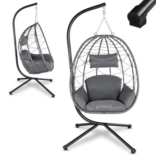 Juskys Hängesessel Aria mit Gestell höhenverstellbar, faltbar & ergonomisch - Outdoor & Indoor - bis 130 kg - Polyrattan Korbhängesessel inkl. Kissen - Grau