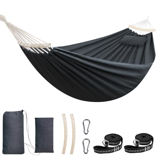 Chihee Hängematte aus Baumwolle Große,weiche,atmungsaktive Camping-Hängematten Hält bis zu 300kg Tragbare Baum-Hängematte mit abnehmbarem Spreizstab Kopfkissen 2 Starke Gurtbänder 2 Karabinerhaken