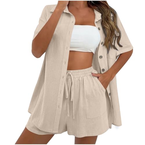 Zweiteiler Damen Sommer,Musselin Bluse Set Elegant Leinen Bluse Hemd und Shorts 2 Teiler Lounge Set Y2k Clothes Baumwolle Sportanzug Oversize Freizeitanzug Kurzarm Hausanzug Outfits für Strand Urlaub