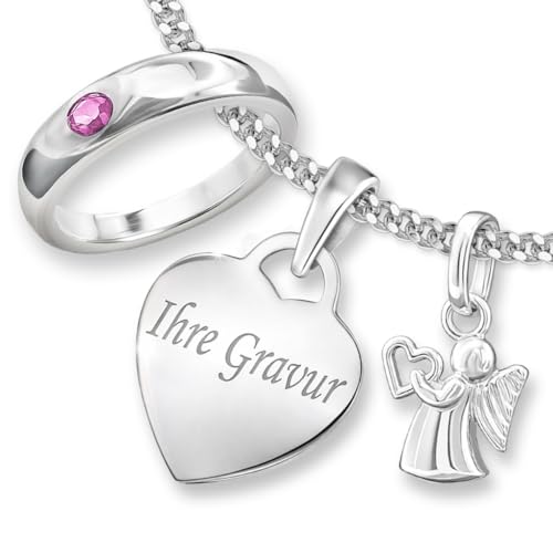 CLEVER SCHMUCK Taufkette mit Gravur 3 Anhänger Herz + Schutzengel + Taufring wählbarer Farbe + Kette Sterling Silber 925 Taufgeschenk für Junge & Mädchen
