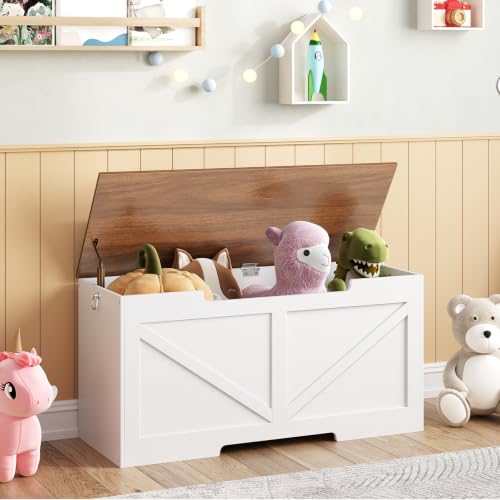 HOOBRO Sitzbank mit Stauraum, Truhen mit Deckel, Spielzeugkiste groß, Schuhbank mit 2 Sicherheitsscharniere, 100 x 40 x 50,5 cm, für Flur, Schlafzimmer, Wohnzimmer, Weiß und Walnuss EWH771CW01G1