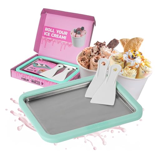 STONELINE by Mr. Ice Cream Rolls ORIGINAL Ice Cream Rolls Maker Eisplatte Mint 26x21x3,5 cm mit 2 Spateln für Hausgemachte Eiscreme Speiseeis DIY Eisrollen Edelstahlplatte Eis Maschine Sorbet Joghurt