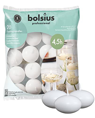 Bolsius - Schwimmkerzen - Weiß - 20 Stück - im Beutel - Länge Brenndauer 4,5 Stunden - 4,5 x 3 cm - Unparfümierte - Natürliches Pflanzenwachts - Ohne Palmöl