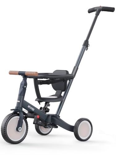 newyoo 5 in 1 Laufrad Dreirad, Dreirad ab 1-3 Jahr, Kinderdreirad mit schubstange, Kinderfahrrad, Laufräder Lauffahrrad inkl. Lenkstange, Sicherheitsbüge, TR008, Dunkelgrau