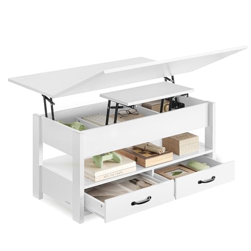 VASAGLE Couchtisch, höhenverstellbarer Wohnzimmertisch, Gaszylinder, 2 Schubladen und 3 Fächer unter der Tischplatte, Kaffeetisch, 1 offenes Fach, für Wohnzimmer, Homeoffice, schneeweiß LCT254W02