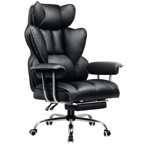 GTPLAYER Gaming Stuhl, Bürostuhl mit Taschenfeder-Lendenwirbelstütze, breiter Büro-Computersessel mit nach außen fixierten weichen Armlehnen und Fußstütze, 180KG, Leder Schwarz
