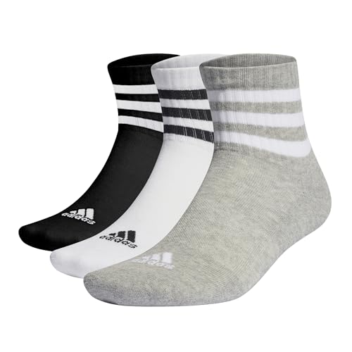adidas Unisex 3-Stripes Cushioned Sportswear Mid-Cut Socks 3 Pairs, Medium Grey Heather / White / Black, 4.5-6
