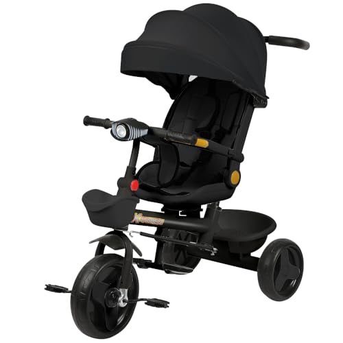 Belfoyer 4-in-1 Kinderdreirad mit Schubstange, Dreirad ab 1 Jahr höhenverstellbar, Dreirad ab 2-3 Jahre mit Sitz, Fußstütze & Korb, Faltbares Kinder Trike, Mehrfarbig（Schwarz）