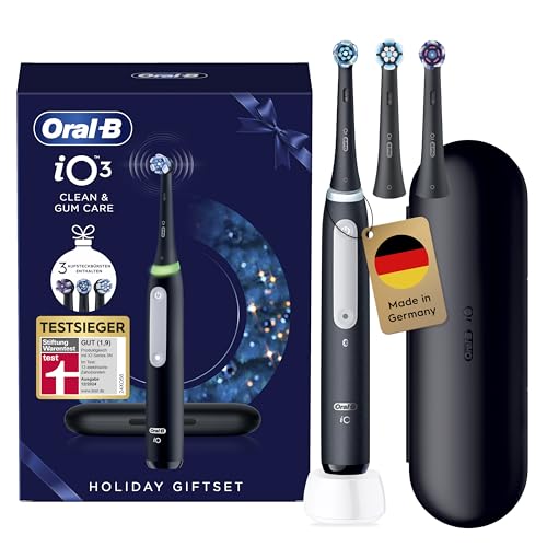 Oral-B iO Series 3 Elektrische Zahnbürste — Electric Toothbrush Inkl. 3 Aufsteckbürsten, Reise-Etui, 3 Putzmodi für Zahnpflege — Zahnbürste Elektrisch, Designed by Braun — Schwarz