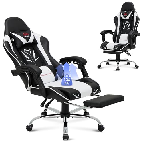 COLAMY Gaming Stuhl, Computer Stuhl mit Fußstütze und Lendenwirbelstütze, höhenverstellbarer Gaming Chair mit 360°-Drehsitz und Kopfstütze, Video Gamer PC Stuhl, Ergonomische hohe Rückenlehne, Weiß