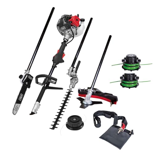 Scheppach Benzin Motorsense MFH5200-4P (1,8 PS, 4in1 Multitool für Garten - Rasentrimmer, Heckenschere, Hochentaster, Kettensäge, 250mm Schwert/Kette, schwenkbar) inkl. 2 Tricord Fadenspulen