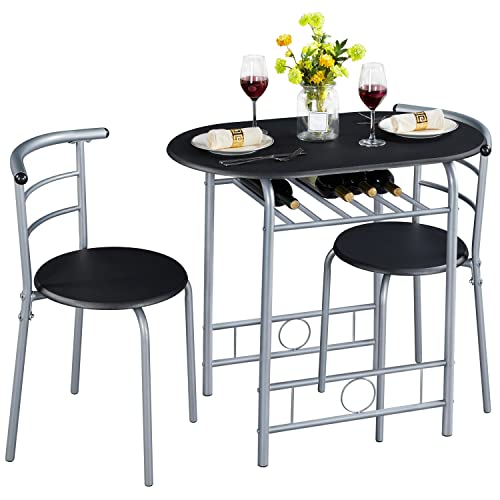 Yaheetech Essgruppe für 2 Personen, 1 Esstisch mit 2 Stühle, Küchentisch mit Ablagefach, Stahlgestell Tischgruppe für Küche, Wohnzimmer, Balkon, Restaurant, 80 x 53 x 75,5 cm, Schwarz