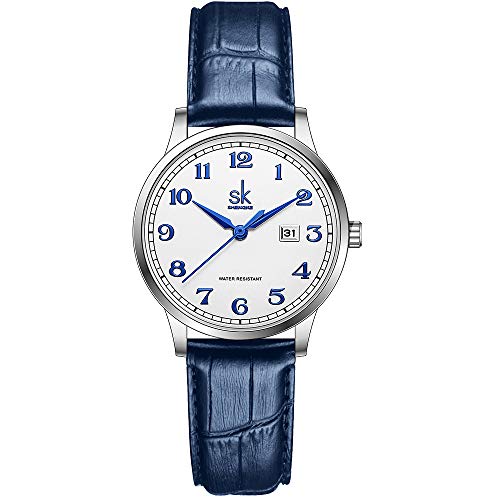 SK Classic Business Women Watches with Stainless Steel Band and Genuine Leather Elegant Ladies Calendar Watch(Arabic Number-Blue Leather)