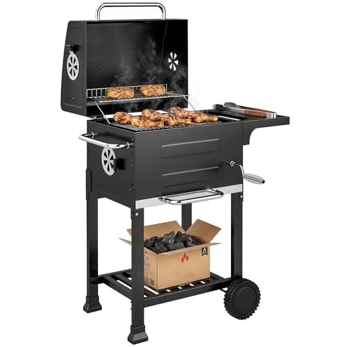 Outsunny Holzkohlegrill Kompakt Grillwagen mit Deckel Thermometer Grillrost Seitentisch Aschefach Lüftungsschlitzen, BBQ Smoker mit Räder Kohlegrillwagen Standgrill für Camping Garten