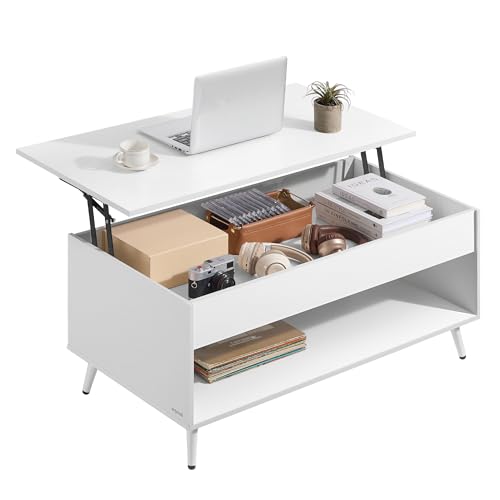VASAGLE Couchtisch, höhenverstellbarer Wohnzimmertisch, Kaffeetisch, Gaszylinder, verstecktes Fach, offenes Fach, für Wohnzimmer, Homeoffice, schneeweiß-mattweiß LCT267WE01