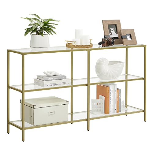 VASAGLE Konsolentisch, Regal, 3 Ablagen aus Hartglas, Flurtisch, 30 x 130 x 73 cm, Metallrahmen, modern, für Flur, Wohnzimmer, Schlafzimmer, goldfarben-transparent LGT024A01