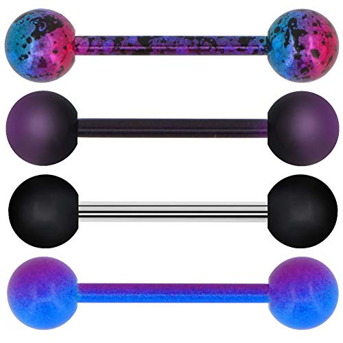 OUFER 4 PCS 14G 316L Edelstahl Purple Black Splatter Tongue Barbell Piercing JewelleryZungenpiercing Chirurgenstahl Barbell Zunge Bars