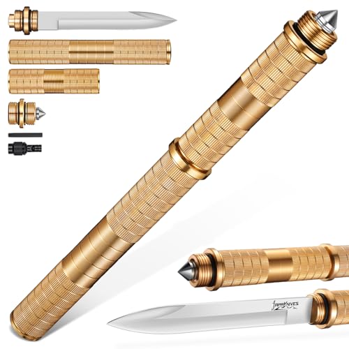 Japaknives Outdoor Messer Survival 5 in 1 Feststehende Messer Multifunktionsstock mit Pfeife Glasbrecher D2 Stahl Jagdmesser Abnehmbares Bushcraft Messer für Männer Camping Wandern Goldenes