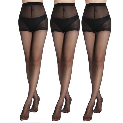 G&Y 3 Paare Schwarz Strumpfhosen für Damen, 20 Den Nylon Strumpfhose Transparente Komfortbund Feinstrumpfhose verstärkte Fußspitze