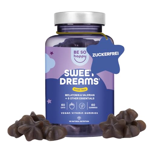 Melatonin Gummies 1 mg für den Schlaf, 120 Tage. Extra Leckere mit Baldrian + Passionsblume + Kamille + Lavendel + Vitamin B6, Blaubeergeschmack, 60 leckere Gummibärchen, Vegan. BeSoHappy