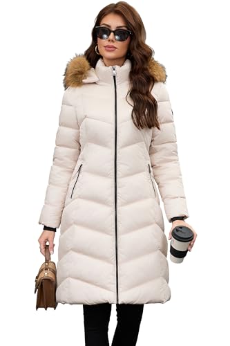 PAPILLON D'OR Damen Langer Puffermantel mit abnehmbarem Kunstfellkragen & Kapuze Winterjacke mit Fleece gefütterten Taschen & Rippbündchen (DE/NL/SE/PL, Alpha, M, Regular, Regular, Rosa-Beige)