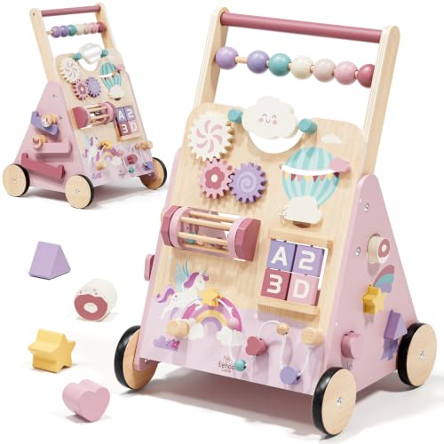 Lehoo Castle Lauflernwagen Holz mit Bremse, Einhorn Laufwagen ab 1 Jahr