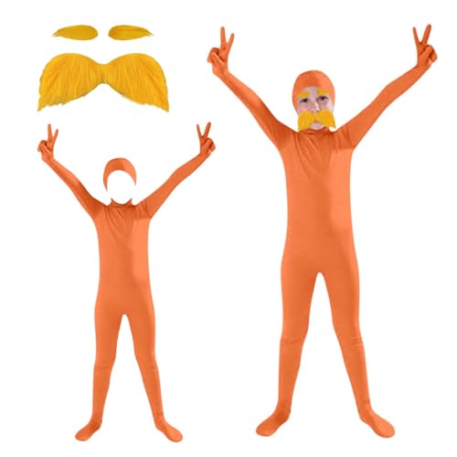 Generisch Kinder Kostüm Unisex - Orange Ganzkörperanzug mit Gelbem Schnurrbart Set, Lorax Dehnbare Zentai Overall Offenes Gesicht, Bodysuit für Halloween Cosplay Karneval Tanz Dress Up