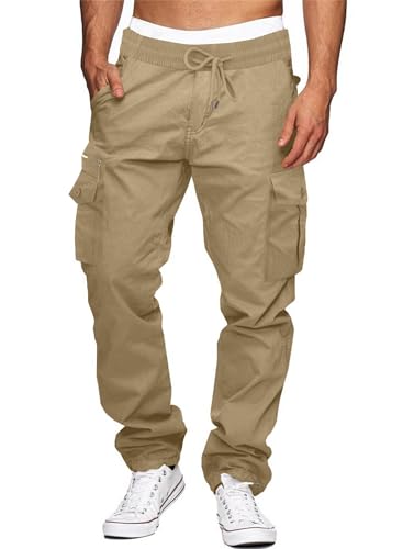 Elegancity Cargohose Herren Outdoorhose mit 7 Taschen Männer Lange Baggy Hose Casual Pants für Sport Wandern Khaki L