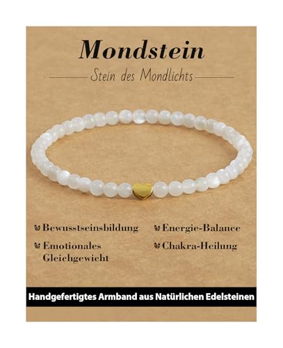 Landorilo Armband Damen, 4mm Echten Naturstein mit 925 Vergoldeten Liebesperlen, Heilsteine Yoga Perlenarmband, Weihnachten, Geburtstag, Jahrestag Geschenk für Frauen(Mondstein)