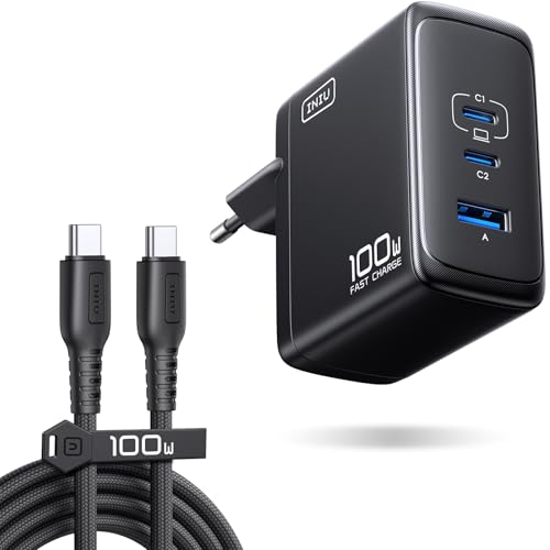 INIU USB C Ladegerät, 100W 3-Port Laptop Schnellladegerät mit USB C Kabel, GaN Mehrfach Netzteil für MacBook Air Pro, iPad, iPhone 17 16 15 Pro Max, Samsung Galaxy S25 S24 Ultra, Pixel, Switch 2 etc