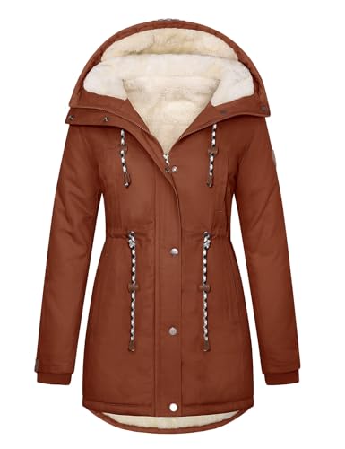 TOMEEK Damen Winterjacke Warm Wintermantel Lang Winterparka mit Teddyfell Gefüttert Kapuzenmantel Mantel Parka Damen-Mäntel Jacke Fleecemantel Skijacke(Rotbraun,L)