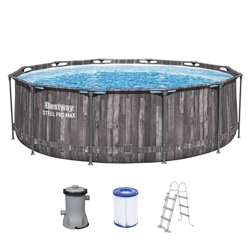 Bestway Steel Pro MAX Frame Pool-Set mit Filterpumpe Ø 366 x 100 cm, Holz-Optik (Mooreiche), rund