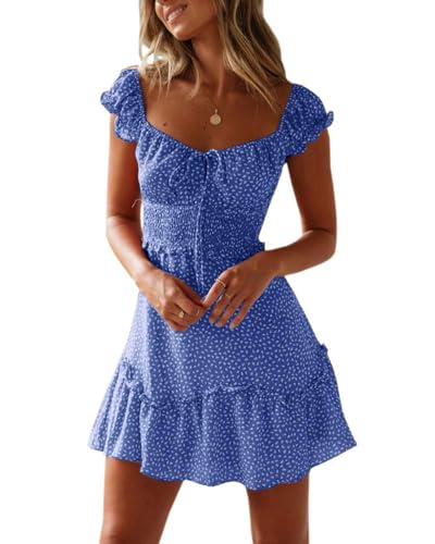 Imily Bela Damen Sommerkleid Rüschen Swing Strandkleid Elegant A-Linie Minikleid High Waist Kleid mit Kordelzug(Blau, M)