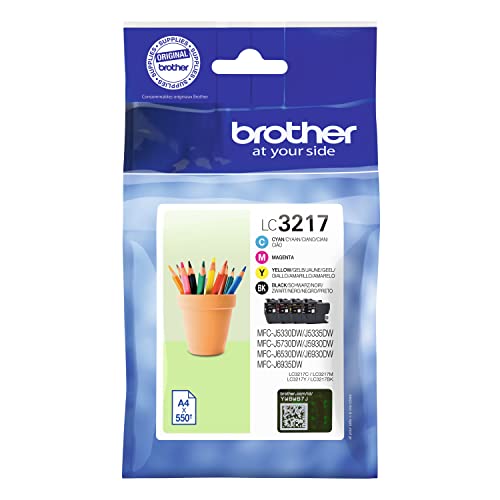 Brother Tintenpatronen LC3217C/LC3217M/LC3217Y/LC3217BK Standard-Ergiebigkeit, Cyan/Magenta/Gelb/Schwarz, Multipack Einzeln Einheitsgröße Schwarz/Cyan/Magenta/Gelb, LC3217VAL