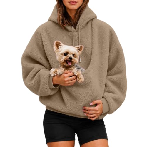 Fleece Hoodie Damen mit Katzentasche Hundetasche Oversize Pullover Einfarbig Kapuzenpullover mit Großer Fronttasche für Katzen und Kleine Hunde Lässige Sweatshirt für Tierliebhaber