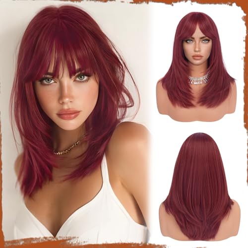 Sofeiyan Langes Glattes Perücke mit Pony,40 cm Dunkelrot Burgunderrot Haarteil mit Schichteffekt,Perücken aus Natürliche Kunsthaar für Frauen,Geeignet für den Täglich Partys Festliche Anlässe