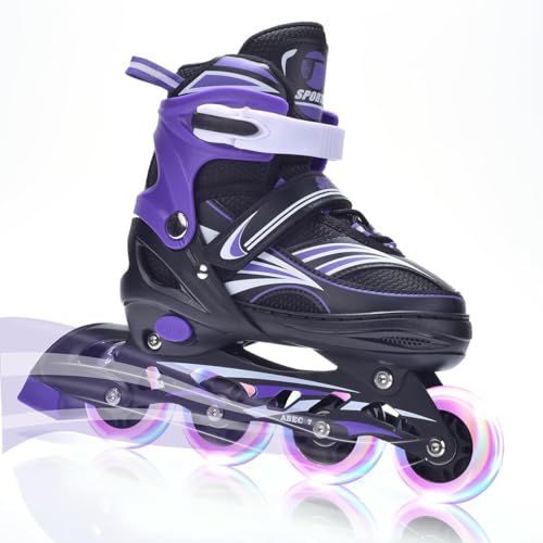 ERNAN Verstellbar Inliner für Kinder. Inline Skates,Verstellbare 4 Größen Inline Skates für Mädchen/Kinder/Jungen, für den Innen und Außenbereich (Purple, L)