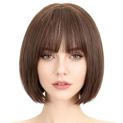 Kurze Bob Perücke Braun – Glatte Synthetik Kurzhaarperücke mit Pony,Natürlich Aussehende Alltagsperücke für Frauen,Weiches Haar wie Echthaar,11 Zoll