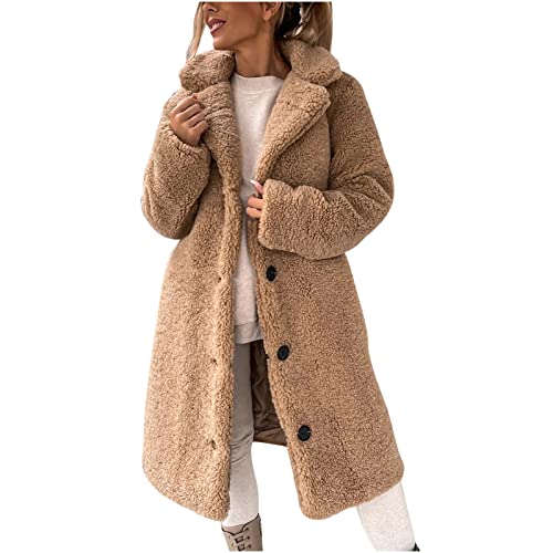 Guhmomh Teddyjacke Damen Lang Fleecejacke Teddy Trenchcoat Wintermantel Knöpfe Kuscheljacke Flauschig Mantel Winter Sherpa Jacke Einfarbige Plüschjacke Outdoorjacke Winterjacke Fleecemantel Khaki S
