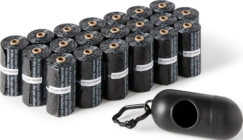 Amazon Basics Hundekotbeutel mit Spender und Leinenclip, Unparfümiert, 300 Beutel (20 Packungen mit je 15 Beuteln), Schwarz