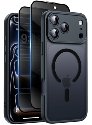 Helssitot Magnetisch Matt Handyhülle Kompatibel mit iPhone 17 Pro Max Hülle Kompatibel mit Mag Safe mit 2 Stück Sichtschutz Schutzfolie, Hard PC Kratzfest Stoßfest Transluzente Schutzhülle - Schwarz
