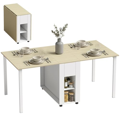 HOMCOM Esstisch Klappbar, Küchentisch mit 2 Schubladen, 4 Ablagen für bis zu 6 Personen, Moderner Klapptisch mit Holzbeinen, Esszimmertisch für Esszimmer, Küche, 168,2 x 85 x 73 cm, Natur und Weiß