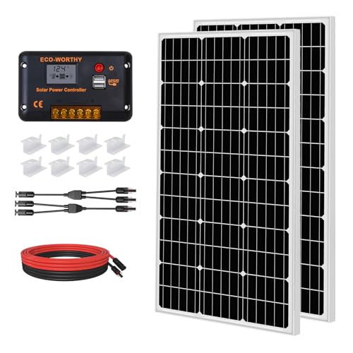 ECO-WORTHY Solarpanel Kit 200W 12V,2 Stück 100W Monokristalline Solarmodule mit 30A LCD Laderegler für Wohnmobil,Wohnwagen, Boot,Camping,Solaranlage Komplettset