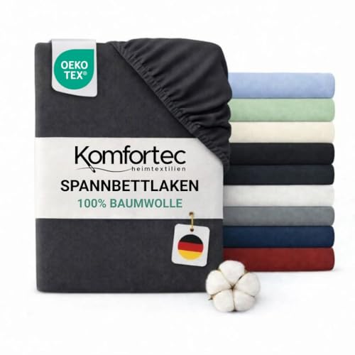 Komfortec Spannbettlaken Jersey 100% Baumwolle – 140x200 cm – 135g/m² – Weich, Atmungsaktiv & Hautfreundlich – Mit Rundumgummi – Oeko-Tex Zertifiziert – Für Boxspring, Topper & Matratzen – Anthrazit