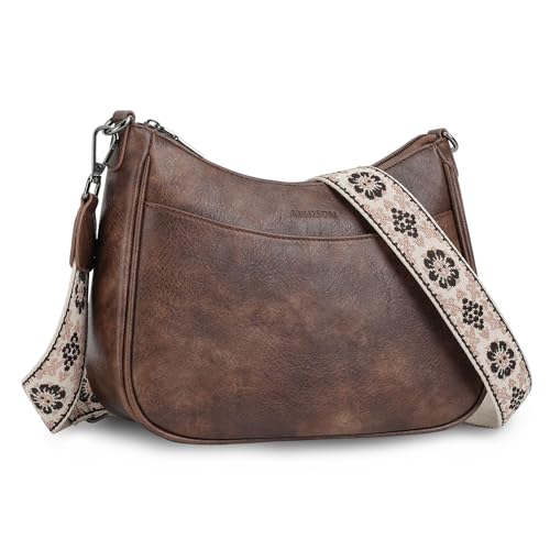 APHISON Klein Crossbody Bag mit Breitem Gurt Schultertasche Umhängetasche Damen veganem Leder kaffee Handtasche Tasche mit Abnehmbarem Schultergurt Kartenschlitz Reisetasche