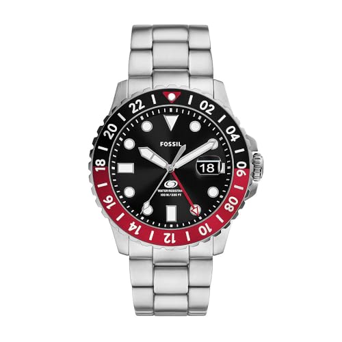 Fossil Blue Uhr für Herren, GMT Uhrwerk mit Edelstahl- oder Lederarmband Rot und Schwarz